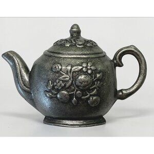 Vintage Floral Teapot Pin Pewter Brooch Embossed Design
